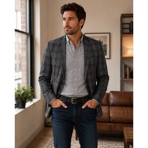 Executive Plaid Skinny Fit Blazer Jacket Sport Coat Grey Sz 38R